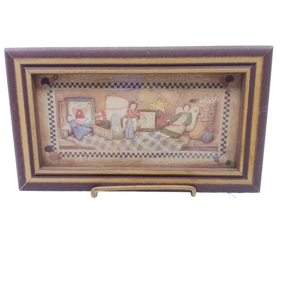 Charming Vintage Framed Folk Art Print With Quilting & Sewing Theme 8"x 4" - Picture 1 of 2